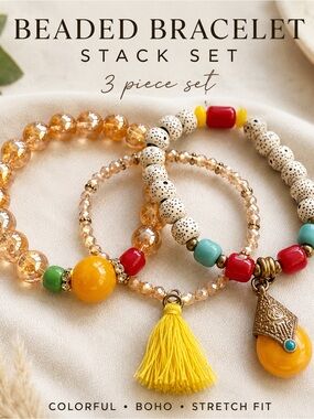 Colorful Boho Beaded Bracelet Stack | 3 Piece Set | Statement Stretch Bracelets
